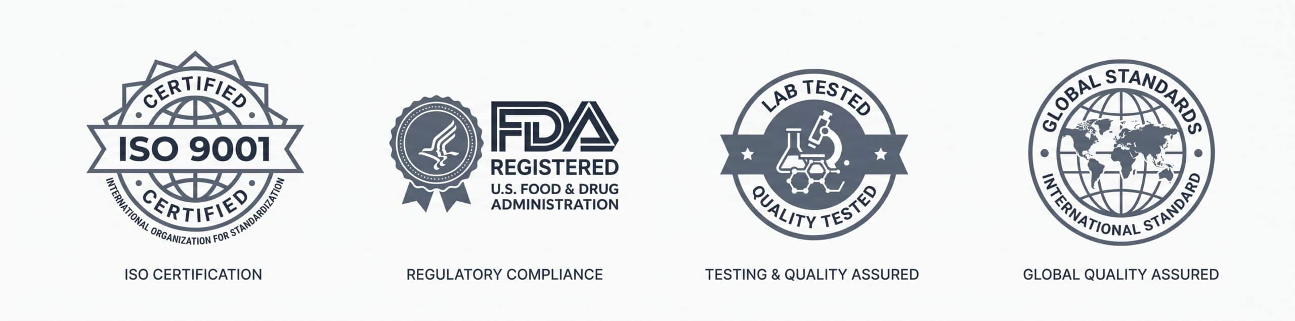 ภาพประกอบสัญลักษณ์ ISO, FDA, การทดสอบ และมาตรฐานสากล ไม่ใช่หลักฐานการรับรองบริษัท